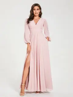 A-Line/Princess V-Neck Long Sleeves Floor-Length Bridesmaid Dresses with Pockets & Split Side — view 1
