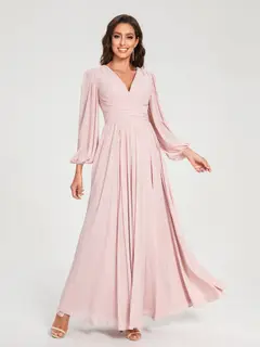 A-Line/Princess V-Neck Long Sleeves Floor-Length Bridesmaid Dresses with Pockets & Split Side — view 4