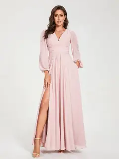 A-Line/Princess V-Neck Long Sleeves Floor-Length Bridesmaid Dresses with Pockets & Split Side — view 7