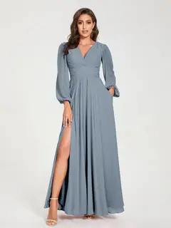 A-Line/Princess V-Neck Long Sleeves Floor-Length Bridesmaid Dresses with Pockets & Split Side — view 9