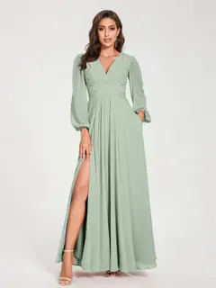 A-Line/Princess V-Neck Long Sleeves Floor-Length Bridesmaid Dresses with Pockets & Split Side — view 11