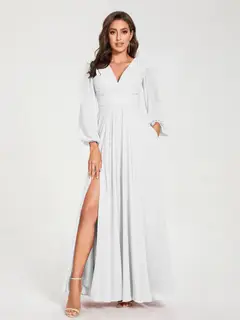 A-Line/Princess V-Neck Long Sleeves Floor-Length Bridesmaid Dresses with Pockets & Split Side — view 21