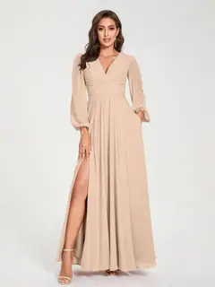 A-Line/Princess V-Neck Long Sleeves Floor-Length Bridesmaid Dresses with Pockets & Split Side — view 29
