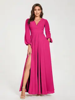 A-Line/Princess V-Neck Long Sleeves Floor-Length Bridesmaid Dresses with Pockets & Split Side — view 34