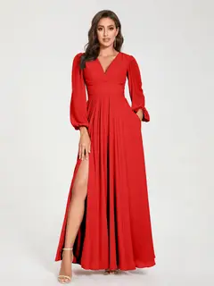A-Line/Princess V-Neck Long Sleeves Floor-Length Bridesmaid Dresses with Pockets & Split Side — view 36