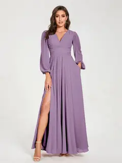 A-Line/Princess V-Neck Long Sleeves Floor-Length Bridesmaid Dresses with Pockets & Split Side — view 40