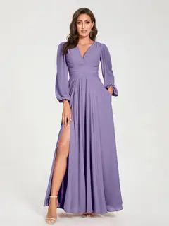 A-Line/Princess V-Neck Long Sleeves Floor-Length Bridesmaid Dresses with Pockets & Split Side — view 41