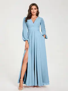 A-Line/Princess V-Neck Long Sleeves Floor-Length Bridesmaid Dresses with Pockets & Split Side — view 50
