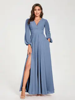 A-Line/Princess V-Neck Long Sleeves Floor-Length Bridesmaid Dresses with Pockets & Split Side — view 51