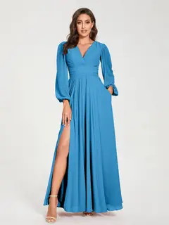A-Line/Princess V-Neck Long Sleeves Floor-Length Bridesmaid Dresses with Pockets & Split Side — view 53
