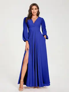 A-Line/Princess V-Neck Long Sleeves Floor-Length Bridesmaid Dresses with Pockets & Split Side — view 55