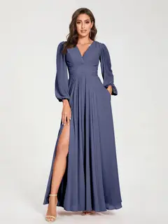 A-Line/Princess V-Neck Long Sleeves Floor-Length Bridesmaid Dresses with Pockets & Split Side — view 57