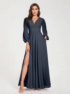 A-Line/Princess V-Neck Long Sleeves Floor-Length Bridesmaid Dresses with Pockets & Split Side — view 59