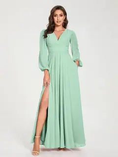 A-Line/Princess V-Neck Long Sleeves Floor-Length Bridesmaid Dresses with Pockets & Split Side — view 61
