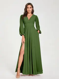 A-Line/Princess V-Neck Long Sleeves Floor-Length Bridesmaid Dresses with Pockets & Split Side — view 65