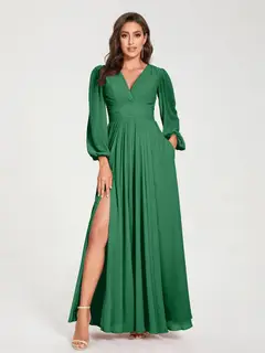 A-Line/Princess V-Neck Long Sleeves Floor-Length Bridesmaid Dresses with Pockets & Split Side — view 67
