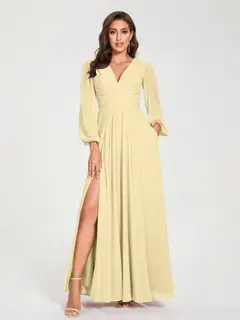 A-Line/Princess V-Neck Long Sleeves Floor-Length Bridesmaid Dresses with Pockets & Split Side — view 68