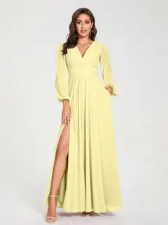 A-Line/Princess V-Neck Long Sleeves Floor-Length Bridesmaid Dresses with Pockets & Split Side — view 69