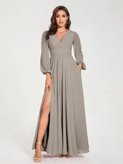 A-Line/Princess V-Neck Long Sleeves Floor-Length Bridesmaid Dresses with Pockets & Split Side — view 73
