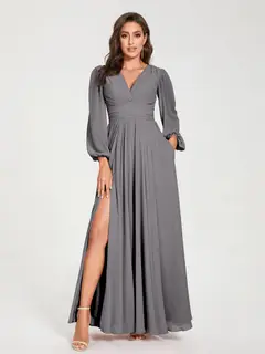A-Line/Princess V-Neck Long Sleeves Floor-Length Bridesmaid Dresses with Pockets & Split Side — view 74