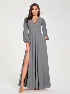 A-Line/Princess V-Neck Long Sleeves Floor-Length Bridesmaid Dresses with Pockets & Split Side — view 75