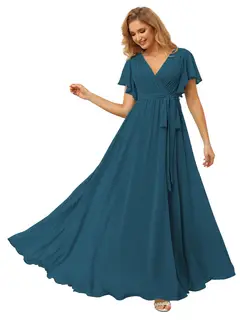 A-Line/Princess Chiffon V-Neck Short Sleeves Ankle-Length Bridesmaid Dresses — view 8