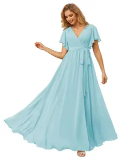 A-Line/Princess Chiffon V-Neck Short Sleeves Ankle-Length Bridesmaid Dresses — view 12