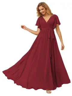 A-Line/Princess Chiffon V-Neck Short Sleeves Ankle-Length Bridesmaid Dresses — view 17
