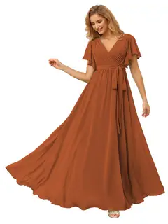 A-Line/Princess Chiffon V-Neck Short Sleeves Ankle-Length Bridesmaid Dresses — view 38