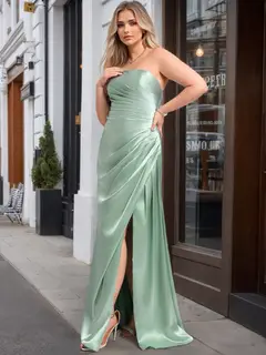 A-Line/Princess One-Shoulder Sleeveless Floor-Length Unique Stretch Satin Plus Size Bridesmaid Dress With Ruffles — view 1