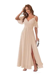 A-Line/Princess V Neck Short Sleeve Spaghetti Straps Ankle Length Bridesmaid Dresses Chiffon with Ruffles Bow(s) — view 43