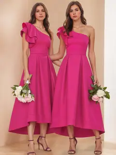 A-Line/Princess One-Shoulder Ruffled Sleeve Asymmetrical Pleated Bridesmaid Dresses with Pocket — view 1