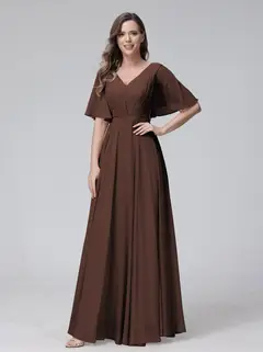 A-Line/Princess V-Neck Half Sleeves Floor-Length Bridemaid Dresses With Ruffles & Pockets — view 76