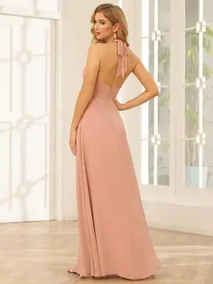 A-Line/Princess Halter Sleeveless Floor-Length Bridesmaid Dresses with Split Side — view 3