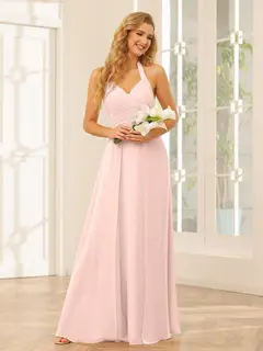 A-Line/Princess Halter Sleeveless Floor-Length Bridesmaid Dresses with Split Side — view 28
