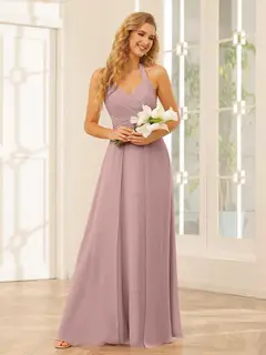 A-Line/Princess Halter Sleeveless Floor-Length Bridesmaid Dresses with Split Side — view 31
