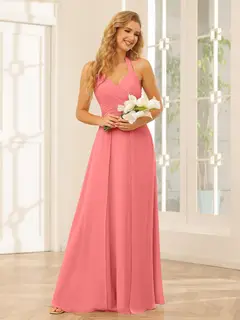 A-Line/Princess Halter Sleeveless Floor-Length Bridesmaid Dresses with Split Side — view 33
