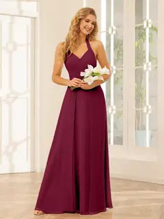 A-Line/Princess Halter Sleeveless Floor-Length Bridesmaid Dresses with Split Side — view 39