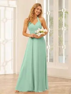 A-Line/Princess Halter Sleeveless Floor-Length Bridesmaid Dresses with Split Side — view 62