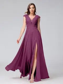 A-Line/Princess V-Neck Sleeveless Chiffon LongBridemaid Dresses With Applique Split Side — view 44