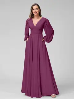 A-Line/Princess V-Neck Long Sleeves Floor-Length Bridemaid Dresses With Split Side & Pockets — view 44