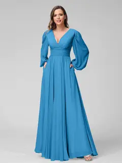 A-Line/Princess V-Neck Long Sleeves Floor-Length Bridemaid Dresses With Split Side & Pockets — view 53