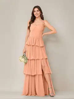 A-Line/Princess Scoop Neck Sleeveless Floor-Length Bridesmaid Dress with Ruffles & Split Side — view 13
