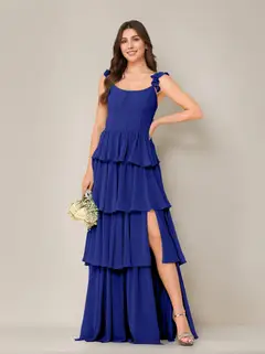 A-Line/Princess Scoop Neck Sleeveless Floor-Length Bridesmaid Dress with Ruffles & Split Side — view 44