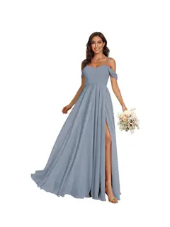 A-Line/Princess Off Shoulder Sweetheart Sleeveless Floor Length Bridesmaid Dresses Chiffon with Pockets Slit — view 12