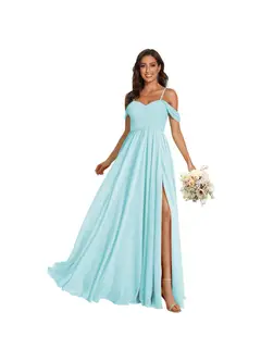 A-Line/Princess Off Shoulder Sweetheart Sleeveless Floor Length Bridesmaid Dresses Chiffon with Pockets Slit — view 34