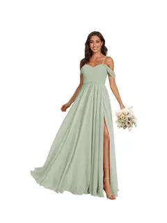 A-Line/Princess Off Shoulder Sweetheart Sleeveless Floor Length Bridesmaid Dresses Chiffon with Pockets Slit — view 38