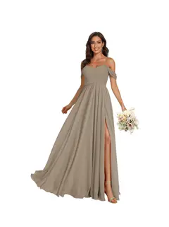 A-Line/Princess Off Shoulder Sweetheart Sleeveless Floor Length Bridesmaid Dresses Chiffon with Pockets Slit — view 45