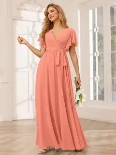 A-Line/Princess V-Neck Short Sleeves Floor-Length Bridesmaid Dresses with Sash — view 17