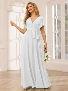 A-Line/Princess V-Neck Short Sleeves Floor-Length Bridesmaid Dresses with Sash — view 22